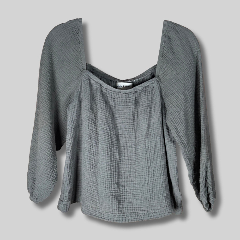 Cloth & Stone Aerie Top Gauze Cotton Square Neck Ballon Sleeve Charcoal Gray W